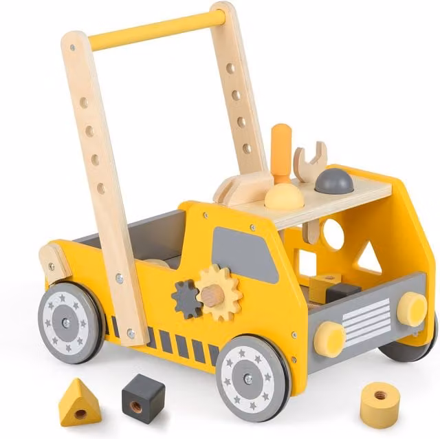 Costway 2-in-1 Wooden Push Along Baby Walker for Toddlers in Yellow