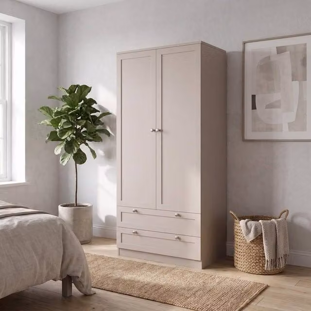 FWStyle Artus Beige Panelled 2 Door Wardrobe with 2 Deep Drawers
