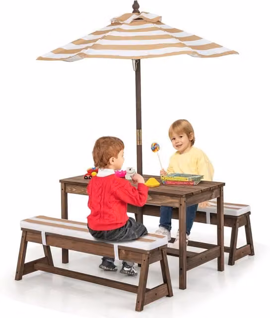 Costway Kids Treated Hardwood Table and Bench Set in Brown