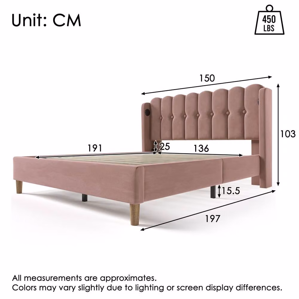 Rolipo Pink Velvet Double Bed with USB and Type-C Charging Ports, W/D/H: 140 x 200 x 103 cm – 2