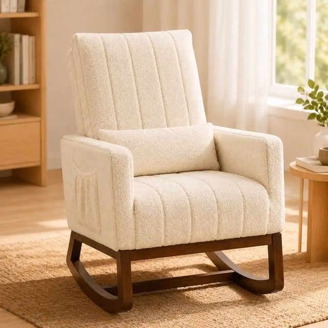 STILVORA Modern Bouclé Rocking Chair with Solid Wood Frame and Armrests in Beige