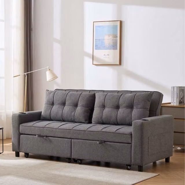 More4Homes Hudson L-Shape Click Clack Sofa Bed in Grey Linen Fabric with Cup Holders