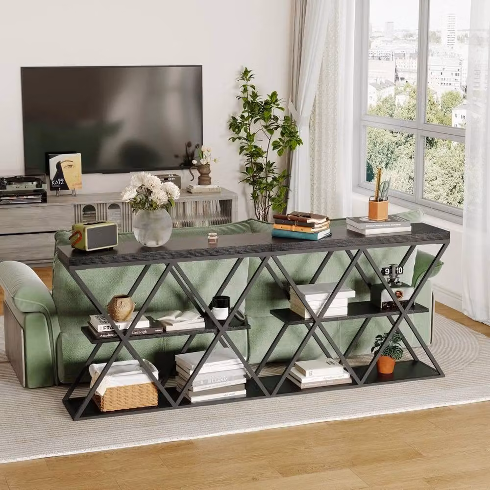 VOGREX Industrial 3-Tier Narrow Slim Console Side Table in Black and Multicolour – 4