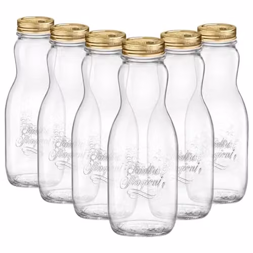 Bormioli Rocco Quattro Stagioni Glass Juice Bottles with Gold Screw Top Lids, 1L, Pack of 6, Transparent – 1