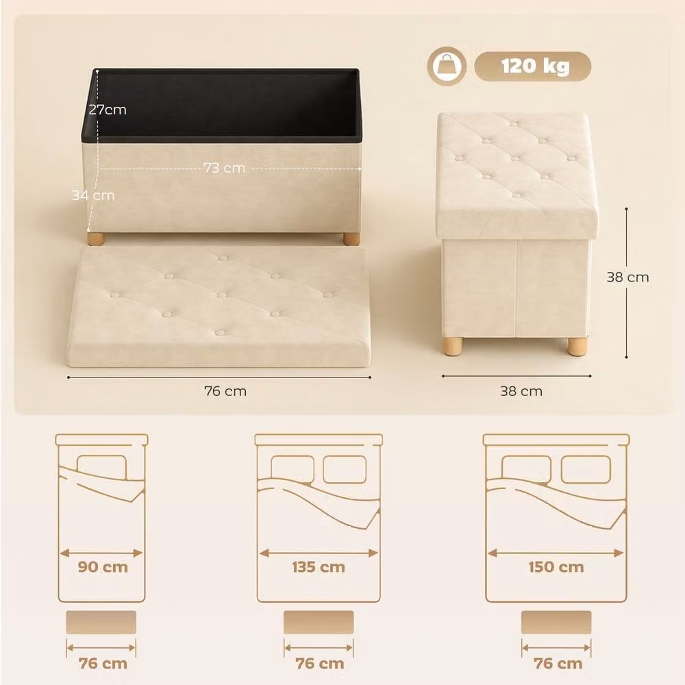STILVORA Storage Ottoman Bench with Velvet Surface in Beige, W: 120 cm, D: 34 cm, H: 43 cm – 2