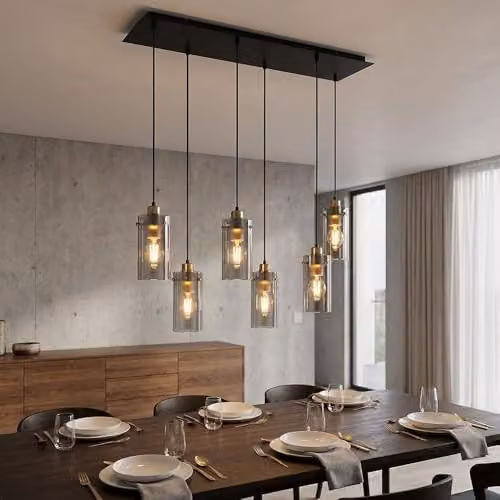 Globo Lighting Cylinder Pendant Light in Black and Gold/Brass with Smoke Grey Glass, 6 x E27 Sockets, W/D/H: 24 x 24 x 120 cm – 3
