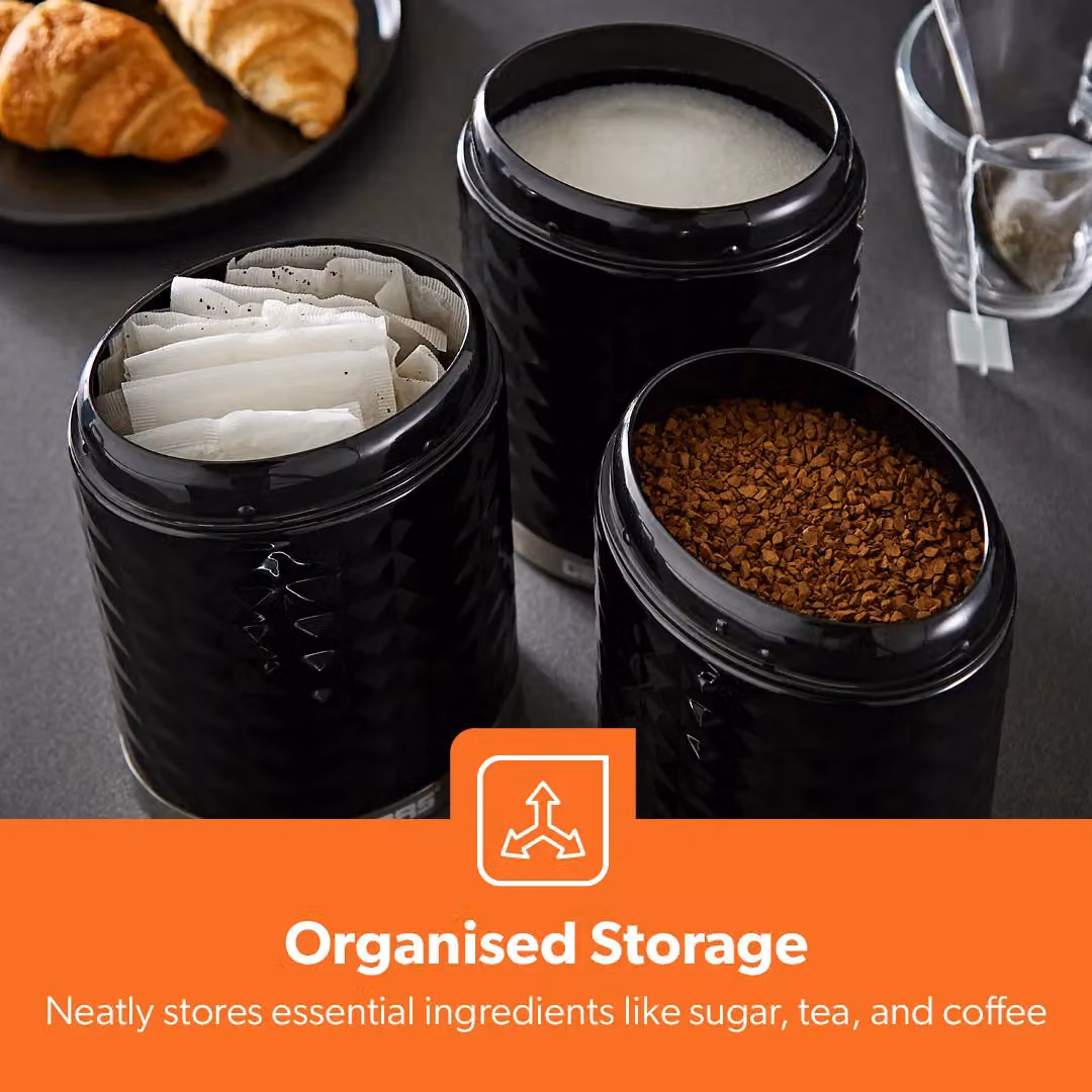Geepas Argyle 3-Piece Airtight Tea Coffee Sugar Canister Set, Black, 1.3 l – 3