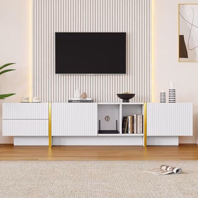 Aosom Modern TV Cabinet with Storage and Open Shelves for up to 85-Inch TVs, White and Gold, W: 190 cm, D: 35 cm, H: 45 cm – 1