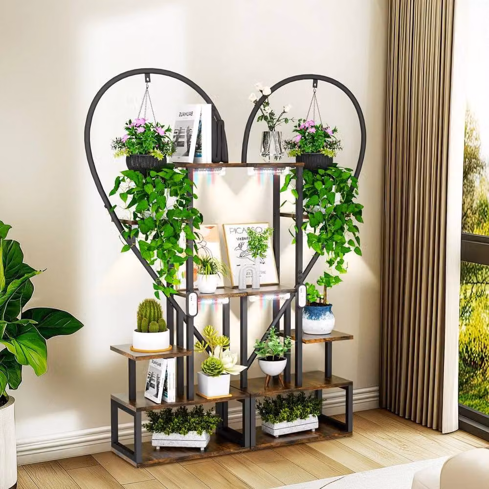 KORVIXA 6 Tiered Large Plant Stand with Integrated Grow Light in Brown, W/D/H: 100 x 100 x 167 cm – 5