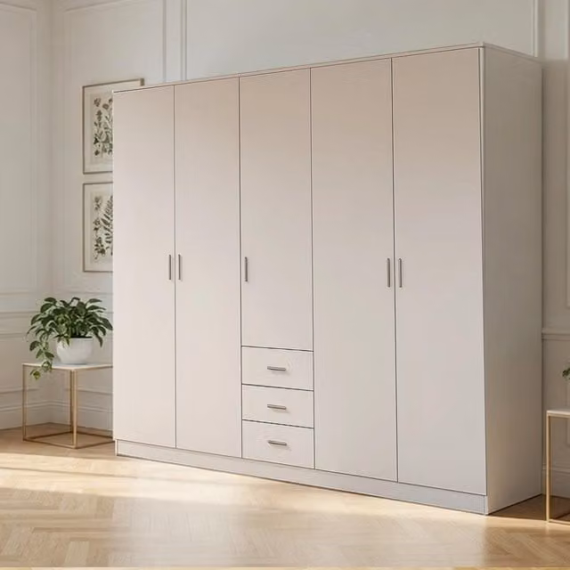 Venice White 5 Door Wardrobe with 3 Integrated Drawers