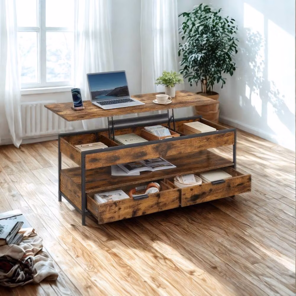 Pirlo Plush Industrial Lift Top Coffee Table with Drawers in Rustic Brown and Black – 2