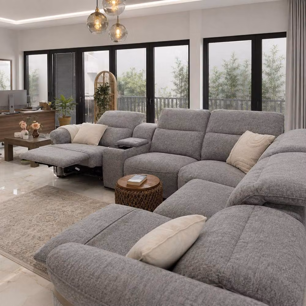 Furnishings For Less UK Buxley Grey 5 Seater Electric Reclining Corner Sofa with Console, Fabric Upholstery, LED Lighting, USB Charging and Cup Holders – 2