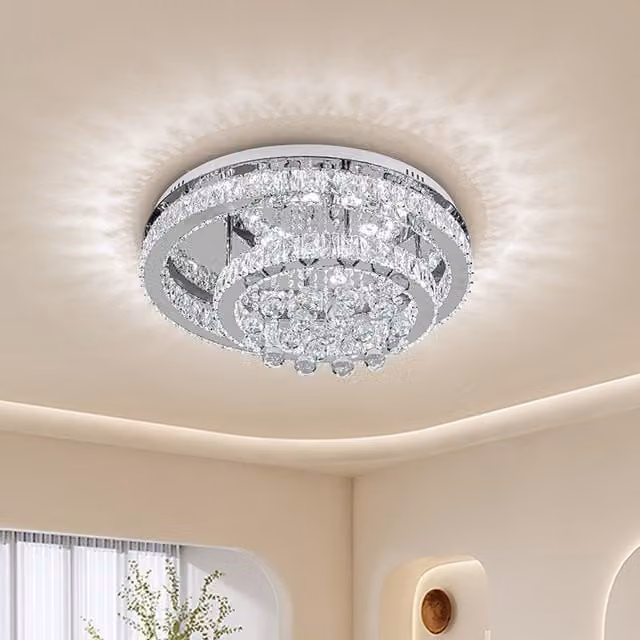 Livingandhome 2-Tier Round Crystal Ceiling Light with Pendants in Chrome and White