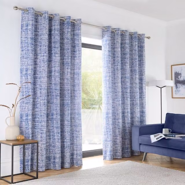 Portfolio Home Maine Geometric Abstract Blue Eyelet Curtain Set, 2 Panels, Width: 117 cm, Drop: 183 cm