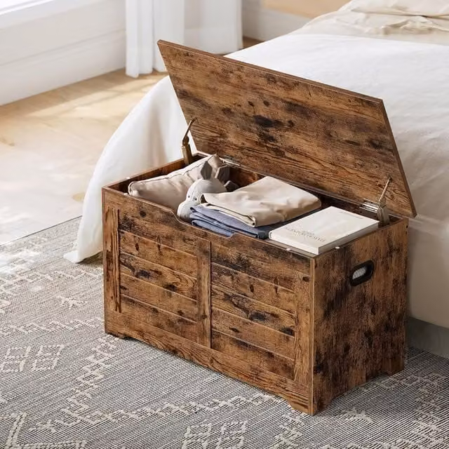VASAGLE Rustic Brown Storage Chest and Blanket Box Bench with Safety Hinges – 1