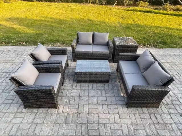Fimous 6 Piece Outdoor Rattan Garden Furniture Set with Coffee Table and Side Table in Dark Grey