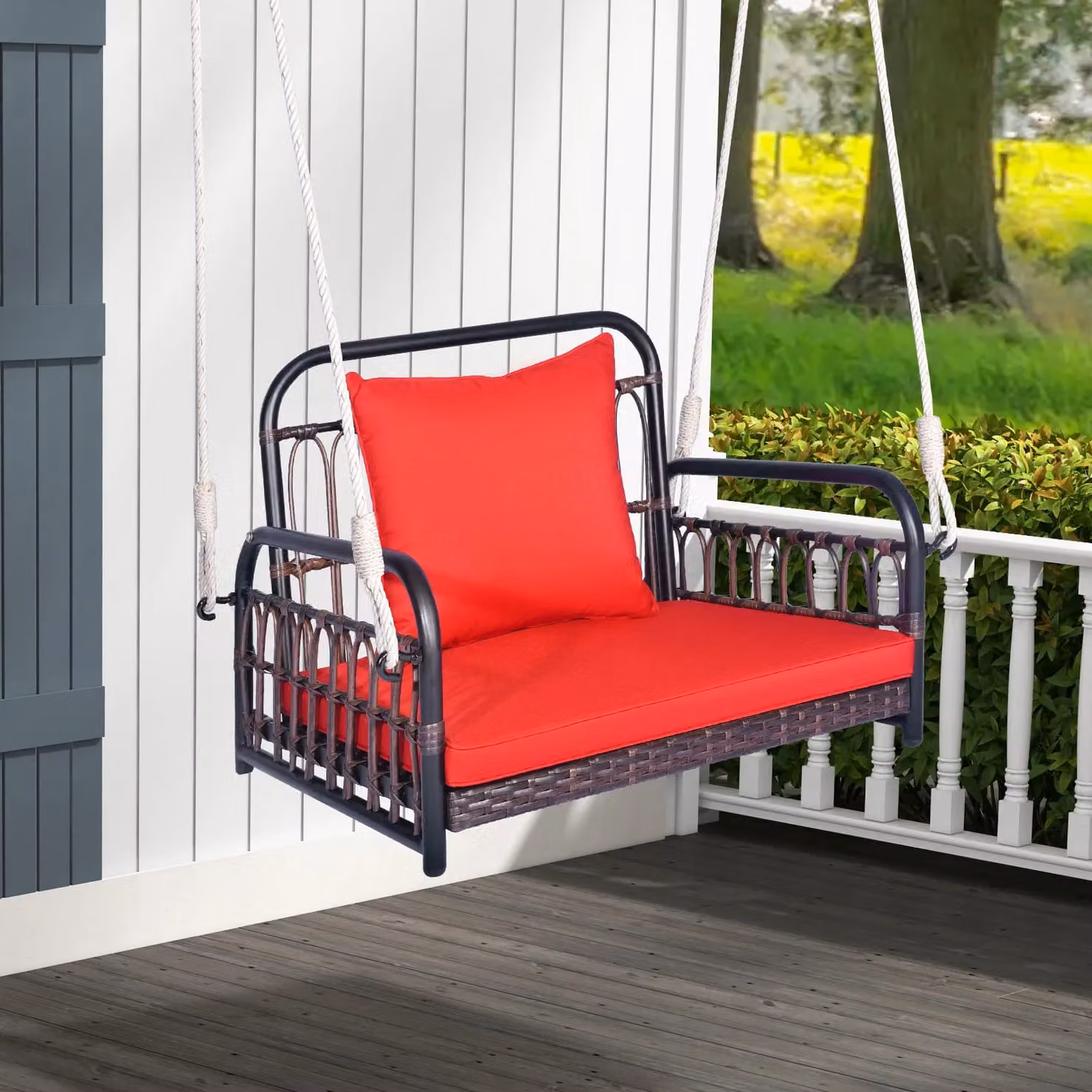 Costway Red Rattan Woven Hanging Porch Swing Rocking Chair with Cushion and Rope – 2