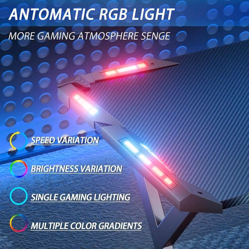 FLAVORA Black Gaming Desk with LED RGB, W: 140 cm, D: 60 cm – 3