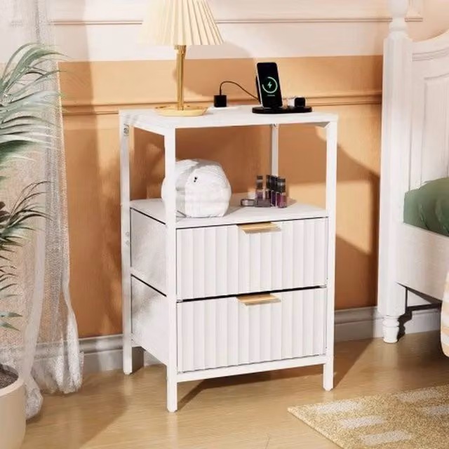 FORGEVIO Modern White Bedside Table with 2 Drawers Storage Cabinet Nightstand