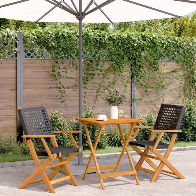 Berkfield Home 3 Piece Black Poly Rattan and Acacia Wood Bistro Set