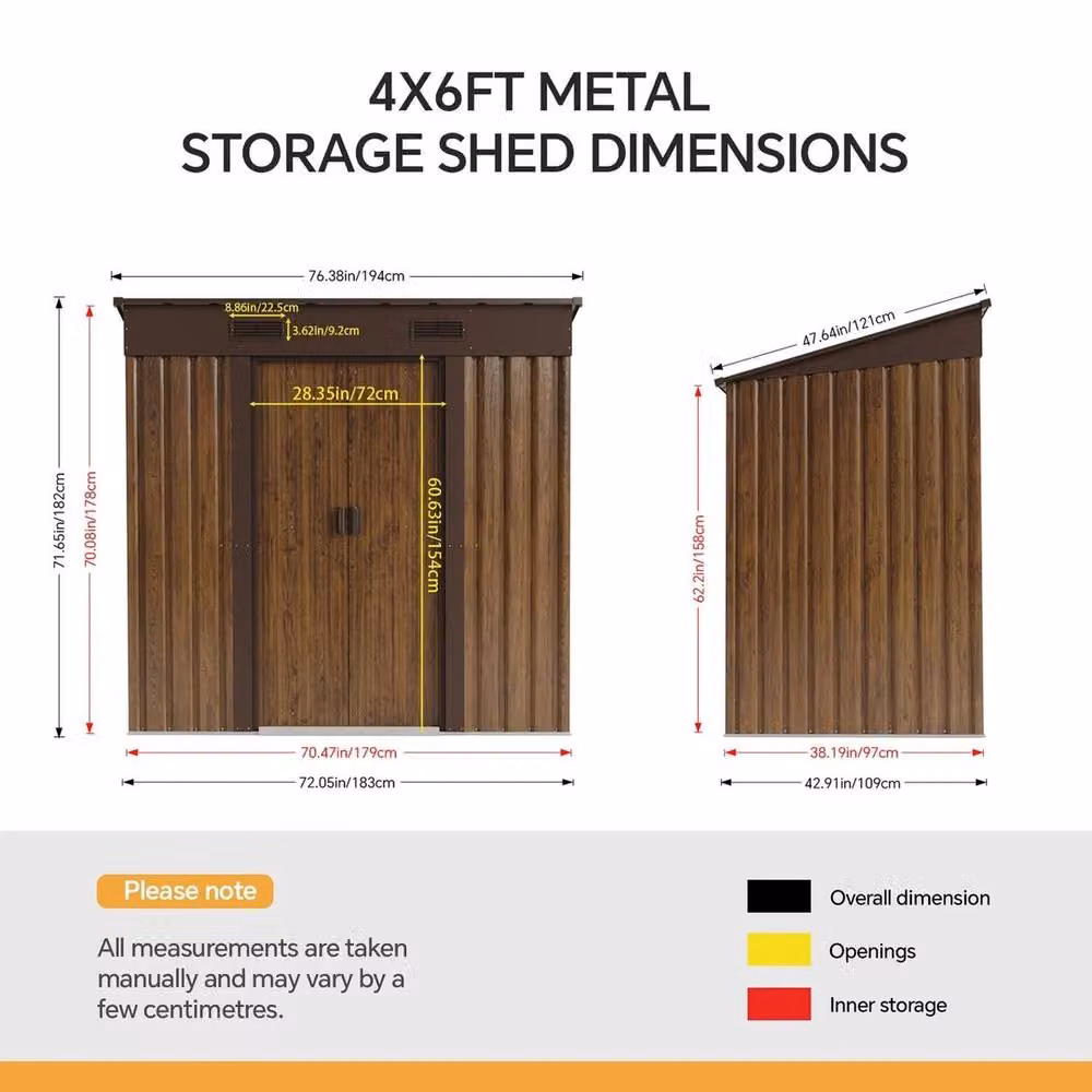 Kelvenix Brown Wood Effect Metal Pent Garden Shed with Sliding Doors and Roof Vent – 2