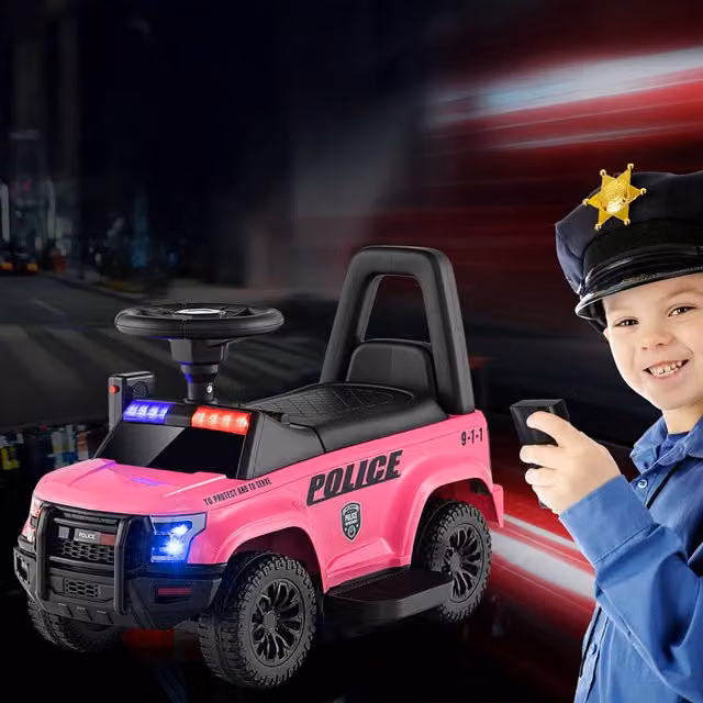 Costway 6V Pink Kids Electric Ride On Police Car with Light and Sound Effects