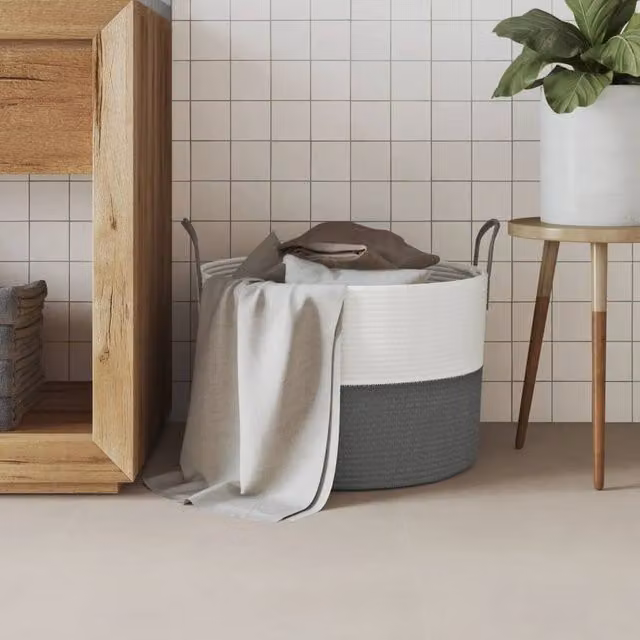 Berkfield Home Cotton Storage Basket in Grey and White, W: 51 cm, D: 33 cm – 1
