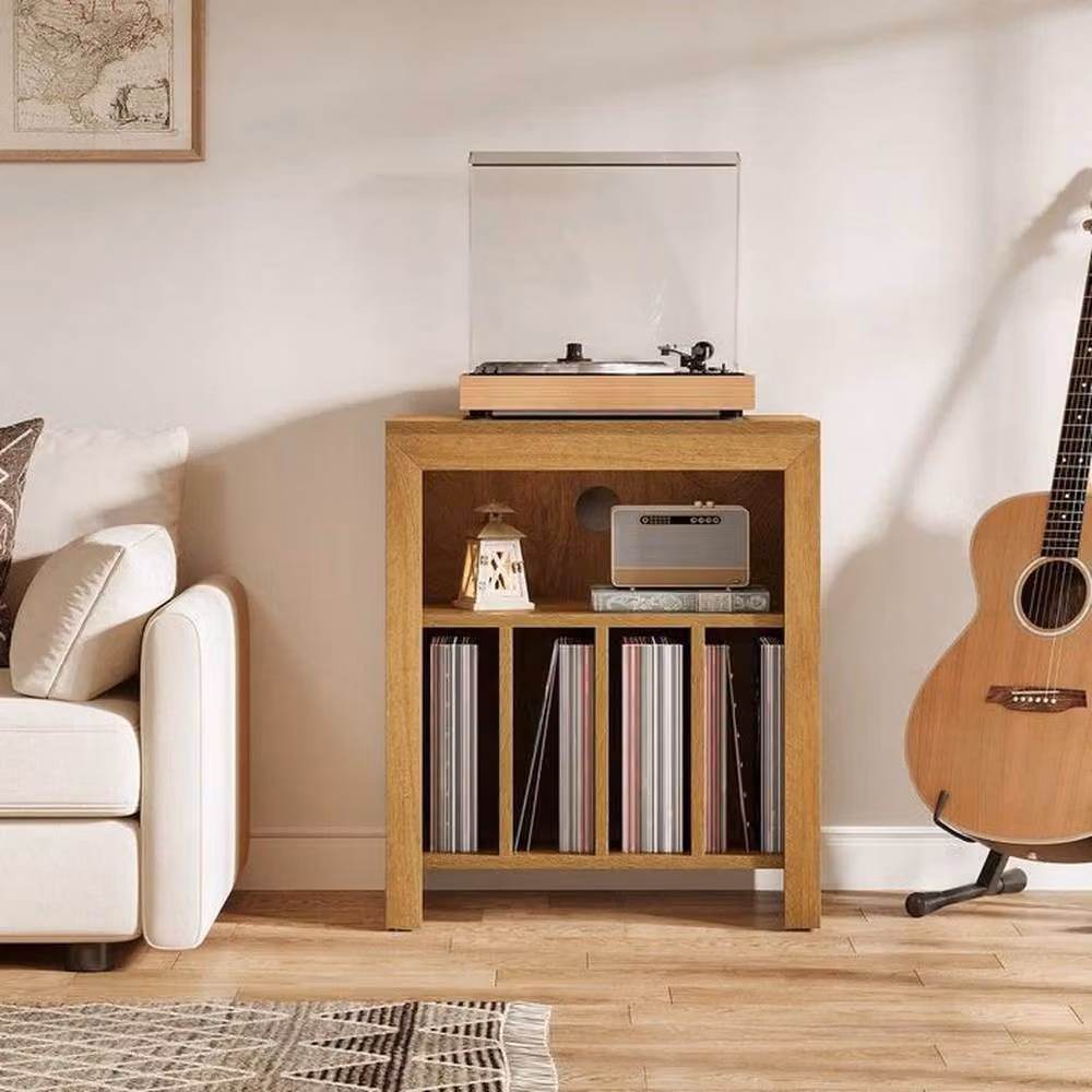 PAWNORA Large Industrial Wood Record Player Stand and Vinyl Storage in Brown – 4