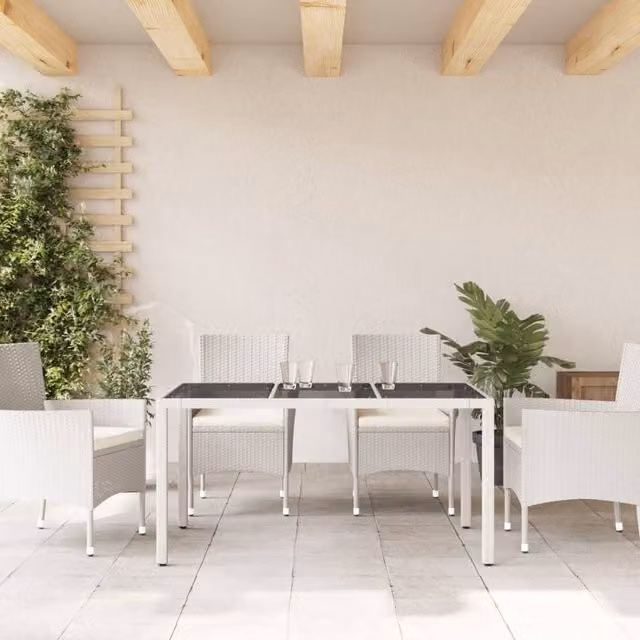 Berkfield Home White Poly Rattan Extendable Garden Table with Glass Top W/D/H: 150 x 90 x 75 cm