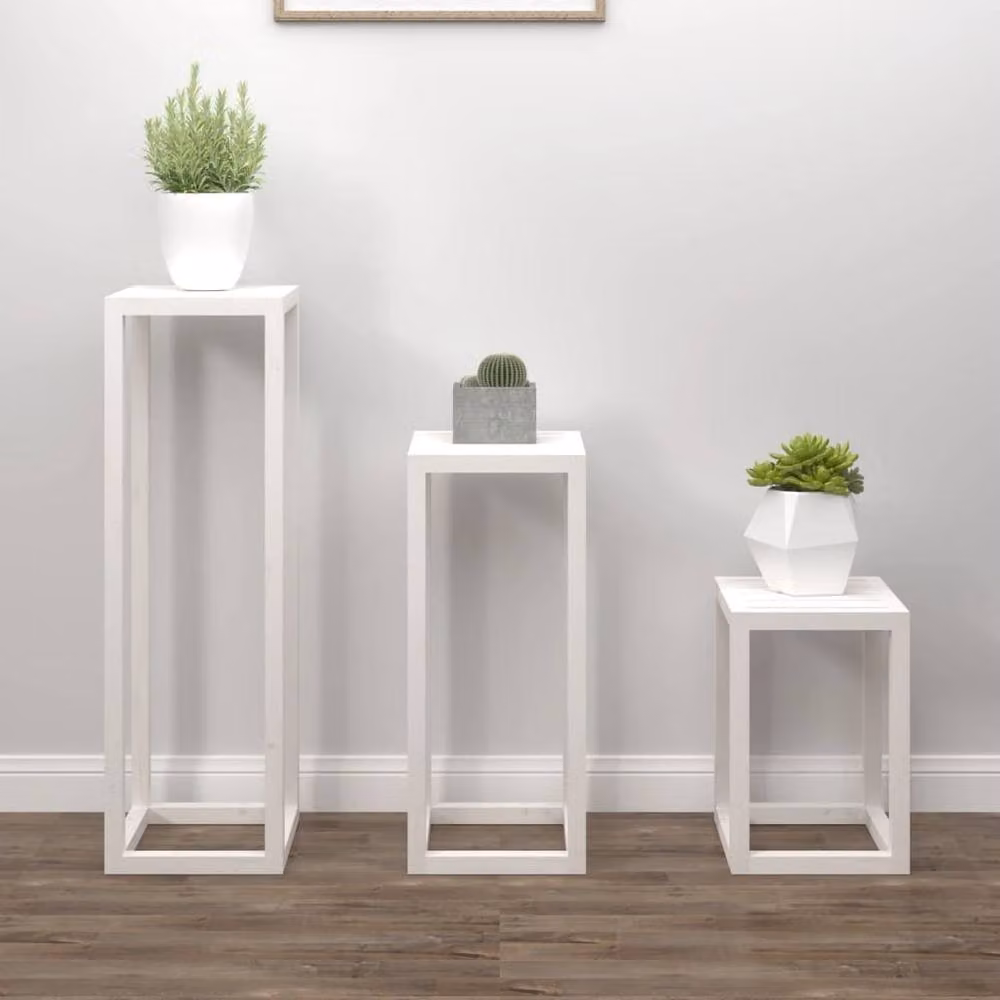 Berkfield Home 3 Piece Rustic White Solid Pine Wood Plant Stand Set – 2