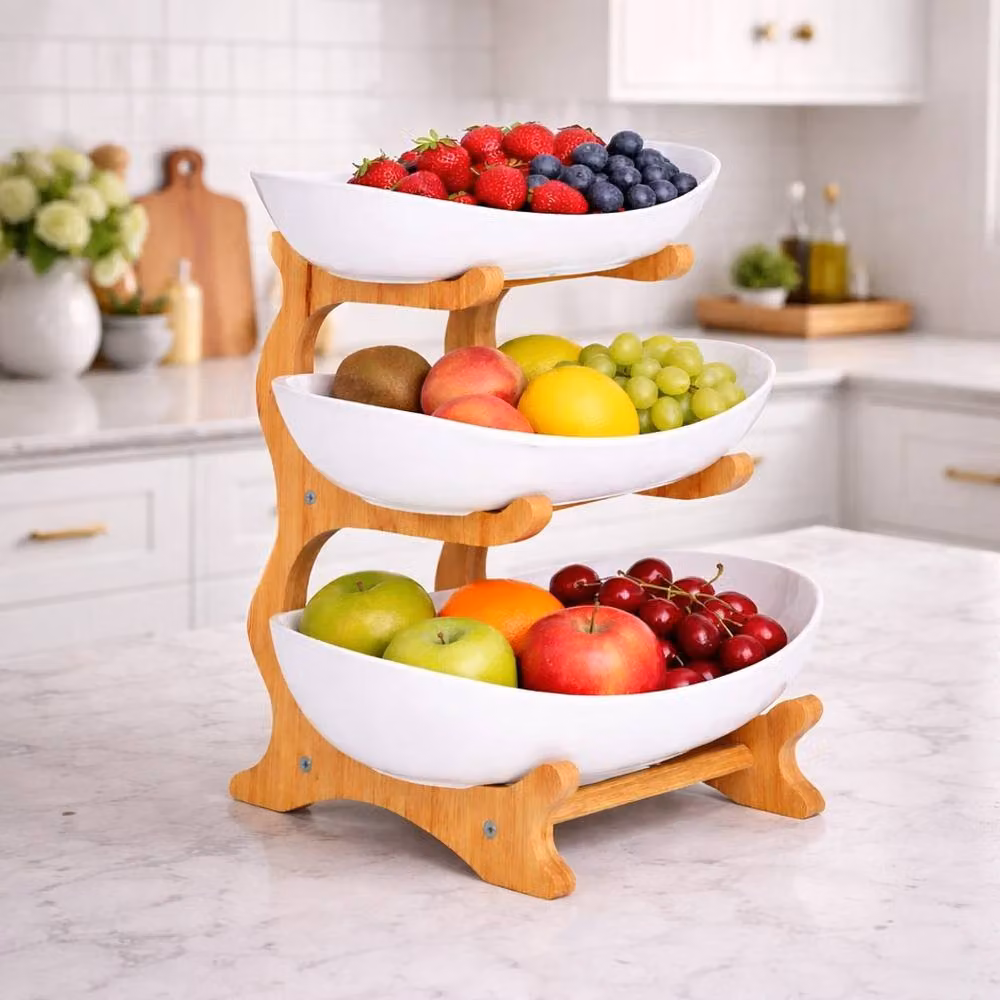 VOGREX 3-Tier Fruit Bowl and Serving Platter in White and Brown – 2
