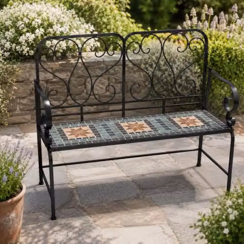 SHATCHI Marrakech 2 Seater Mosaic Garden Bench with Multicolour Geometric Ceramic Tile Seat and Lacquered Metal Frame, W: 112 cm, H: 96 cm, D: 47 cm – 7