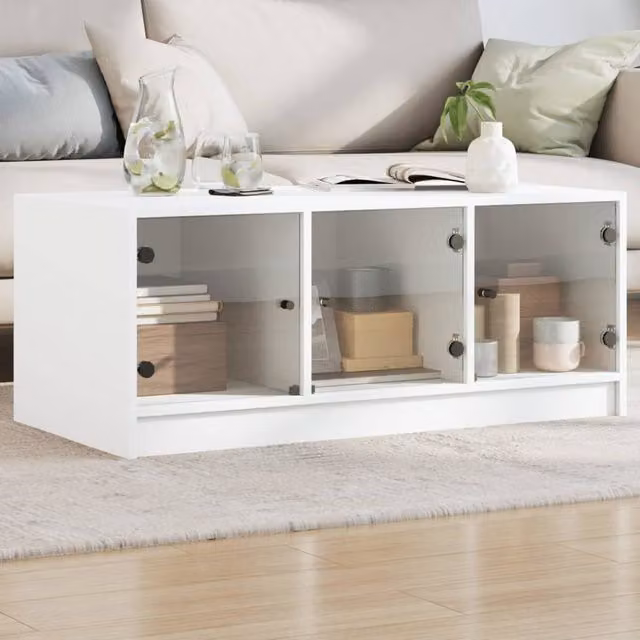 Berkfield Home White Modern Coffee Table with Glass Doors W: 102 cm, D: 50 cm, H: 42 cm