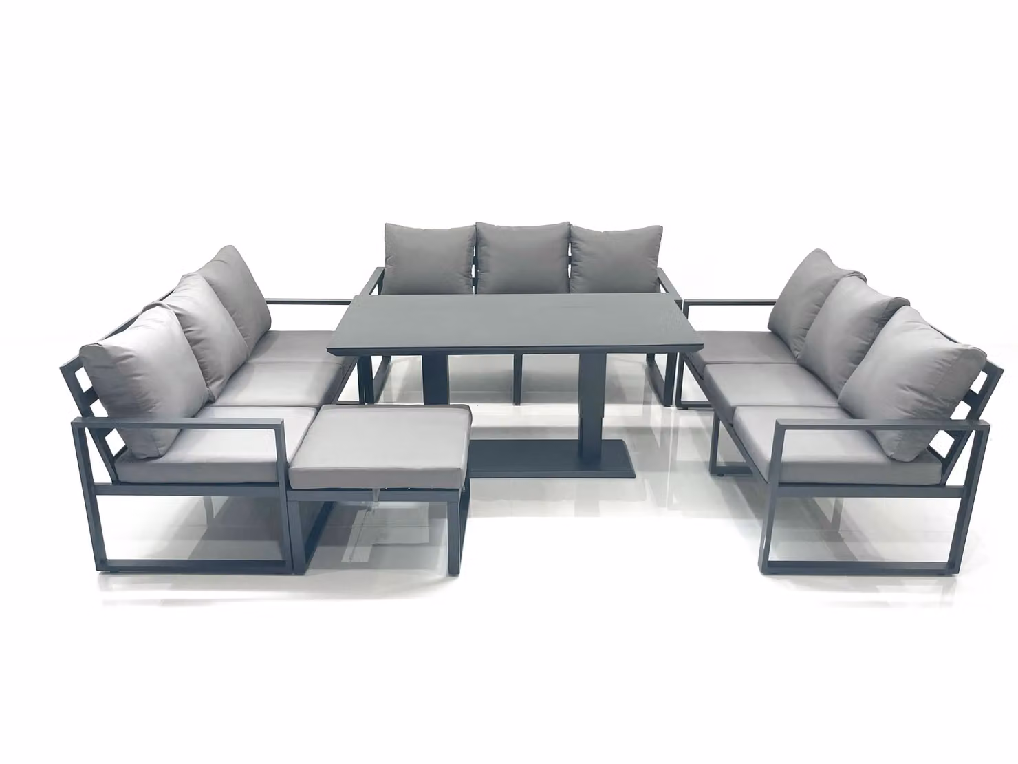 Fimous 10 Seater Aluminium Garden Sofa Set with Height Adjustable Dining Table and Large Footstool in Dark Grey – 2