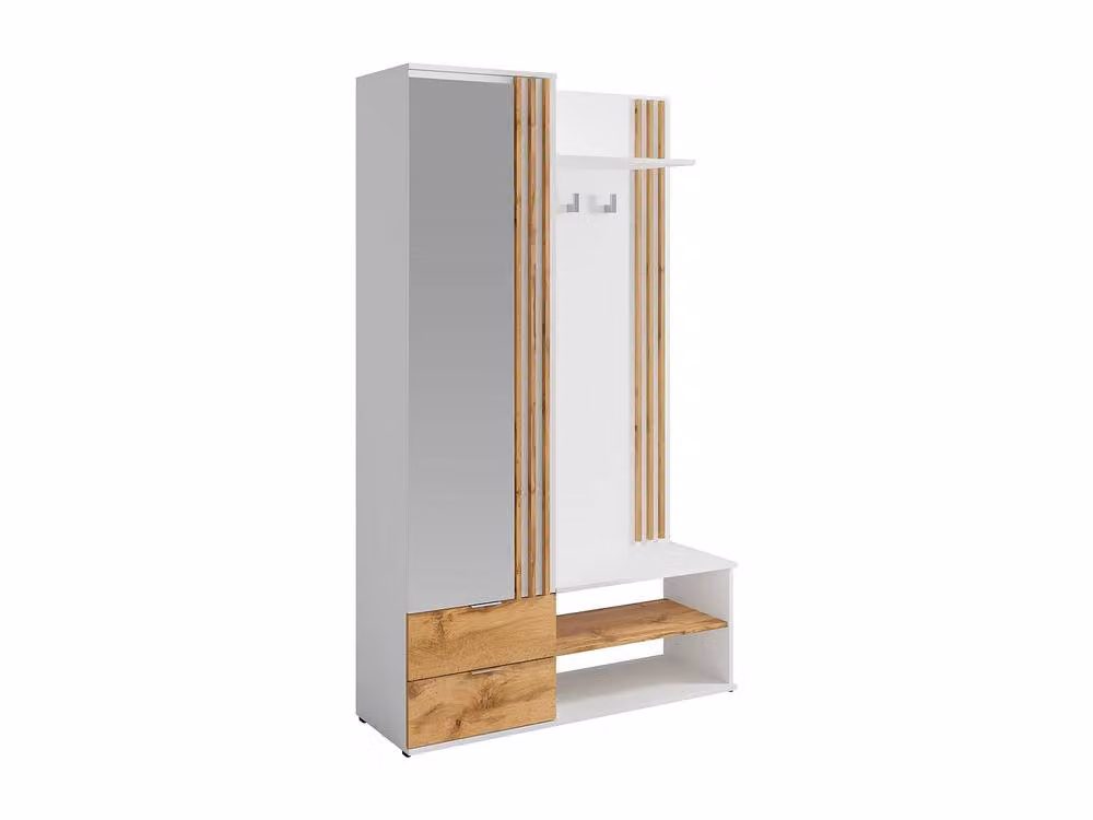 Vente-unique JANAKIA Modern Wardrobe with Mirror, Integrated Drawers and Open Shelving in White and Light Oak – 2