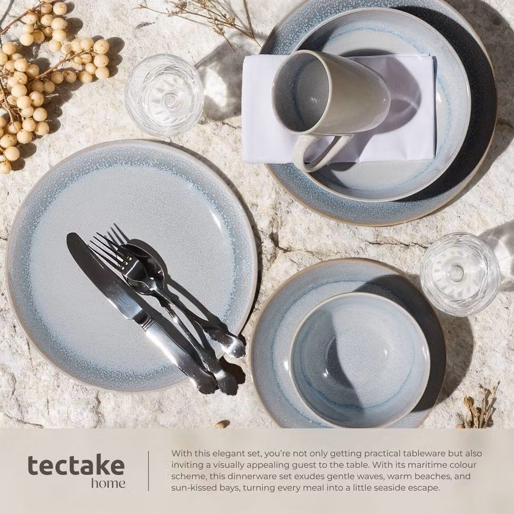 tectake Mare Glazed Stoneware Dinner Set for 6 People in Sand and Blue – 3
