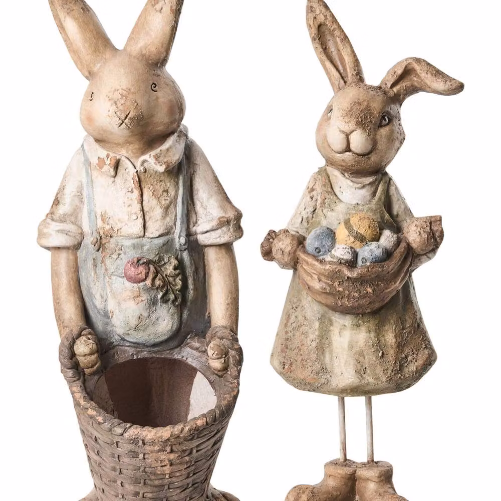 Wyld and Coco Set of 2 Multicolour Ceramic Cottage Easter Bunny Figurines – 2