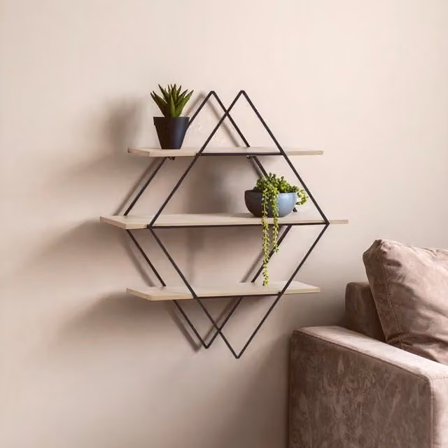 Orsina 3 Tier Rhombus Wall Mounted Shelves in Natural and Black – 1