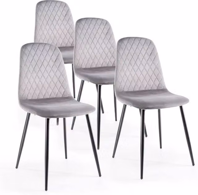 FLAVORA Set of 4 Grey Velvet Padded Dining Chairs with Metal Legs