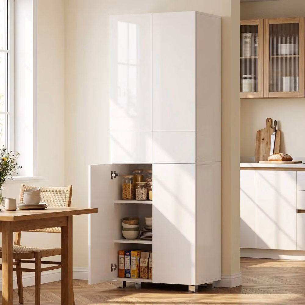 HOMCOM Modern Glossy White 4 Door Freestanding Kitchen Storage Cabinet with Internal Shelves – 2