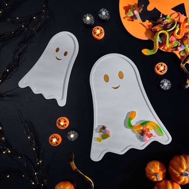 OHS 2 Pack Ghost Shaped White Bamboo Halloween Serving Trays