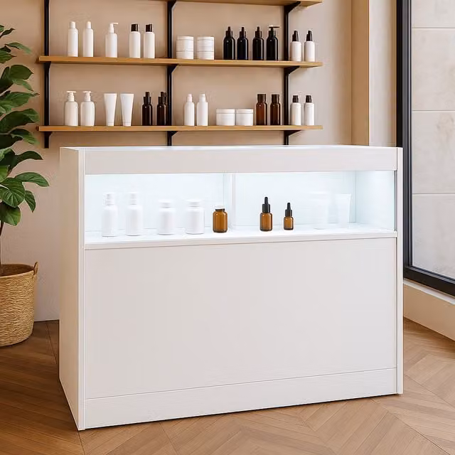 Monster Shop B1200 LED Shop Counter in White with Glass Doors and Integrated Lighting