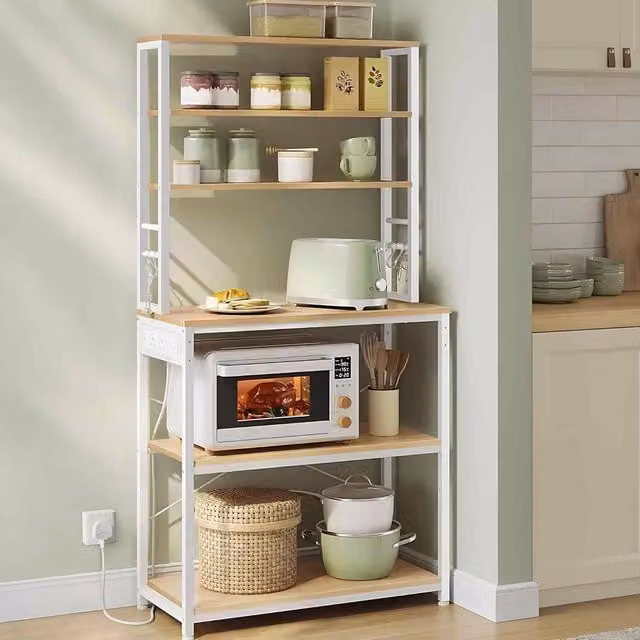 The Bazaarist Coffee Bar Bakers Rack with Power Outlet, 6 Tiers and 6 Hooks, Oak and White
