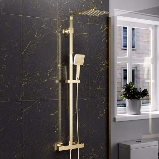 Nes Home Brushed Brass Square Exposed Thermostatic Shower Kit in Metallic Gold with Rain Overhead Shower and Hand Shower