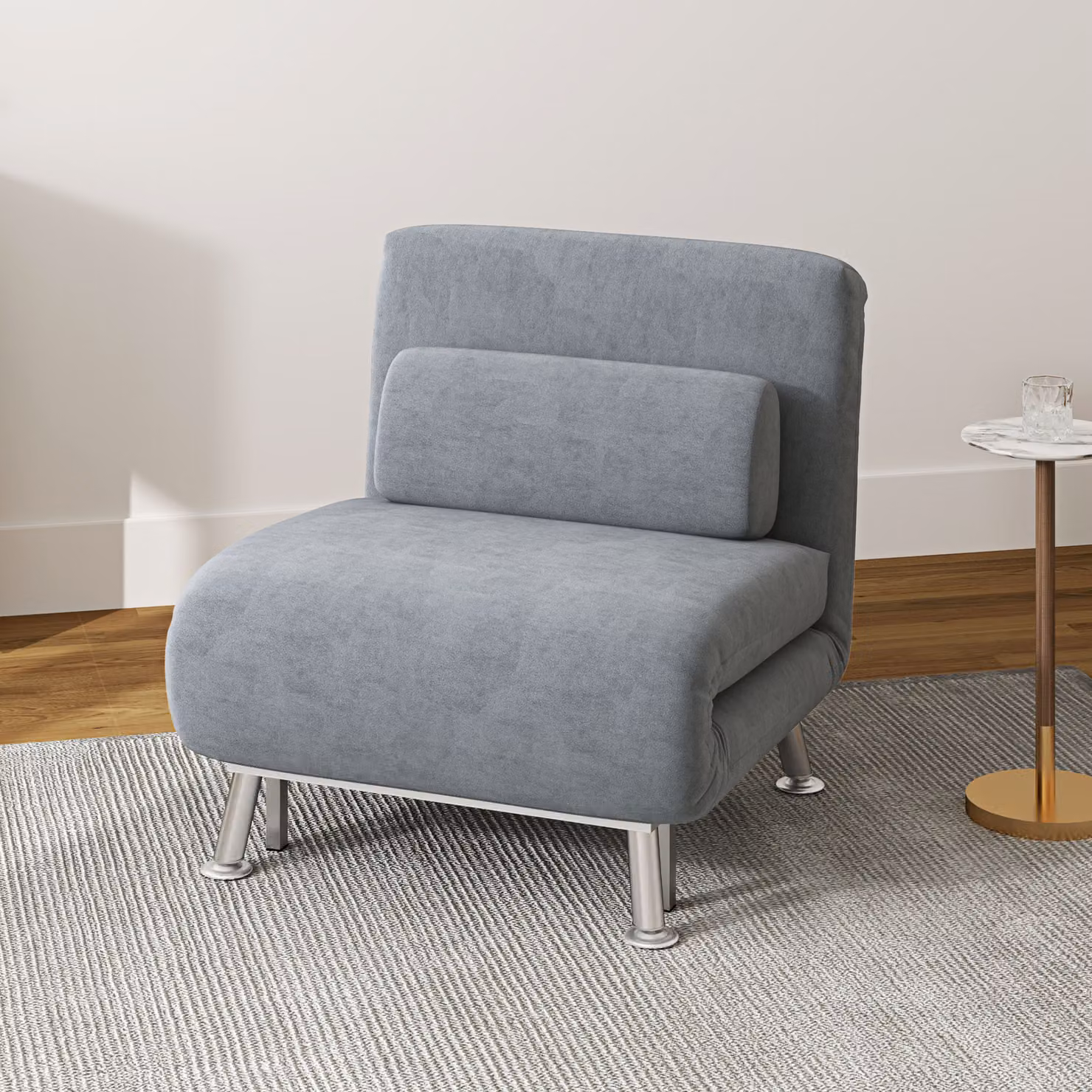 HOMCOM Grey Velvet Single Sofa Bed with Metal Frame and Foam Padding – 2