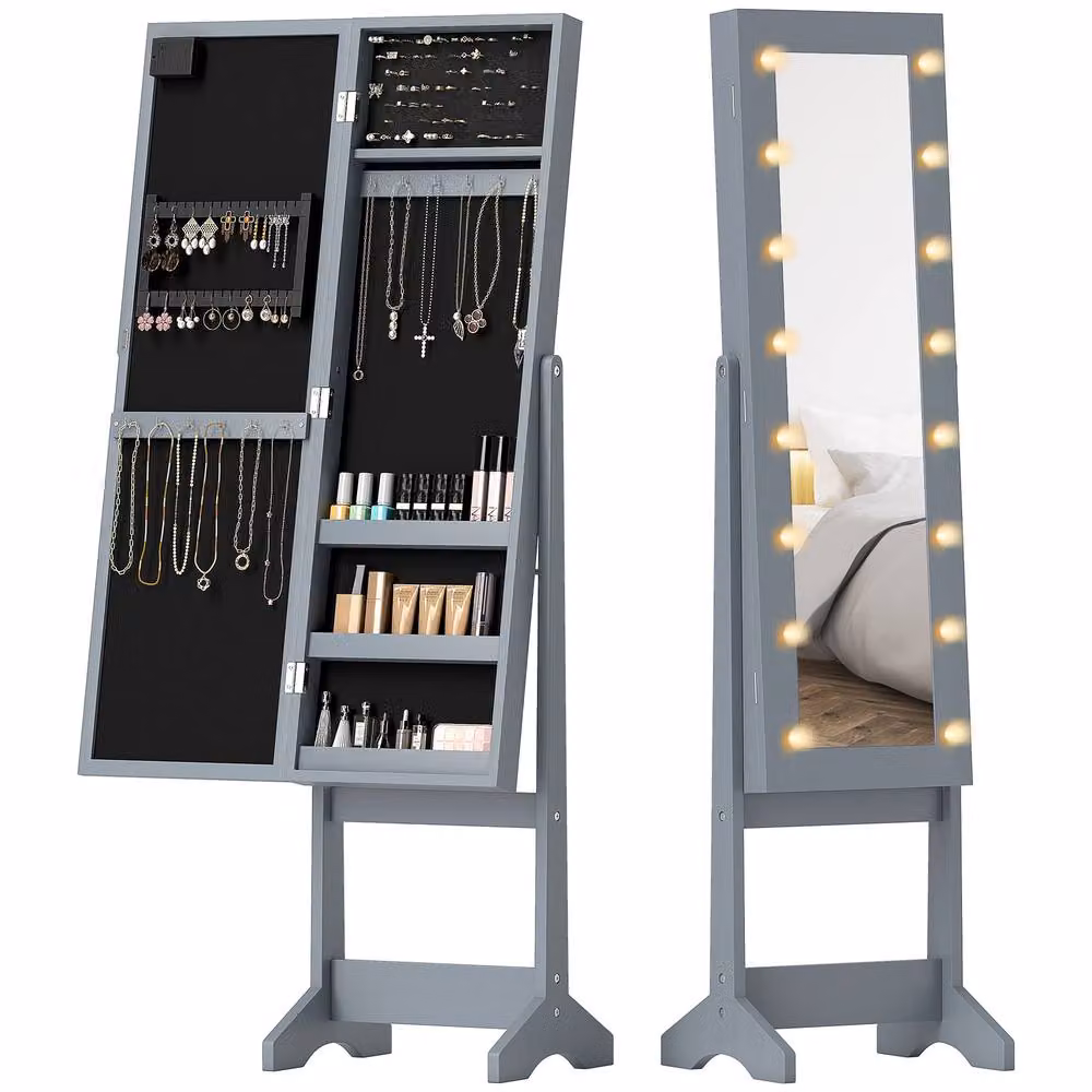 STILVORA Grey Jewellery Storage Cabinet with LED Mirror and Internal Shelves – 4