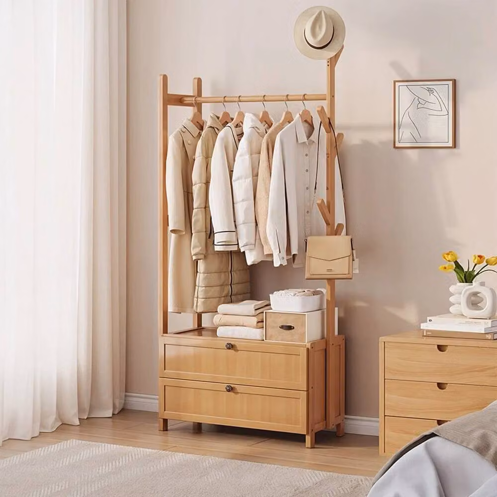 KORVIXA Bamboo Clothes Rail Rack in Brown, W/D/H: 50 x 50 x 161 cm – 3