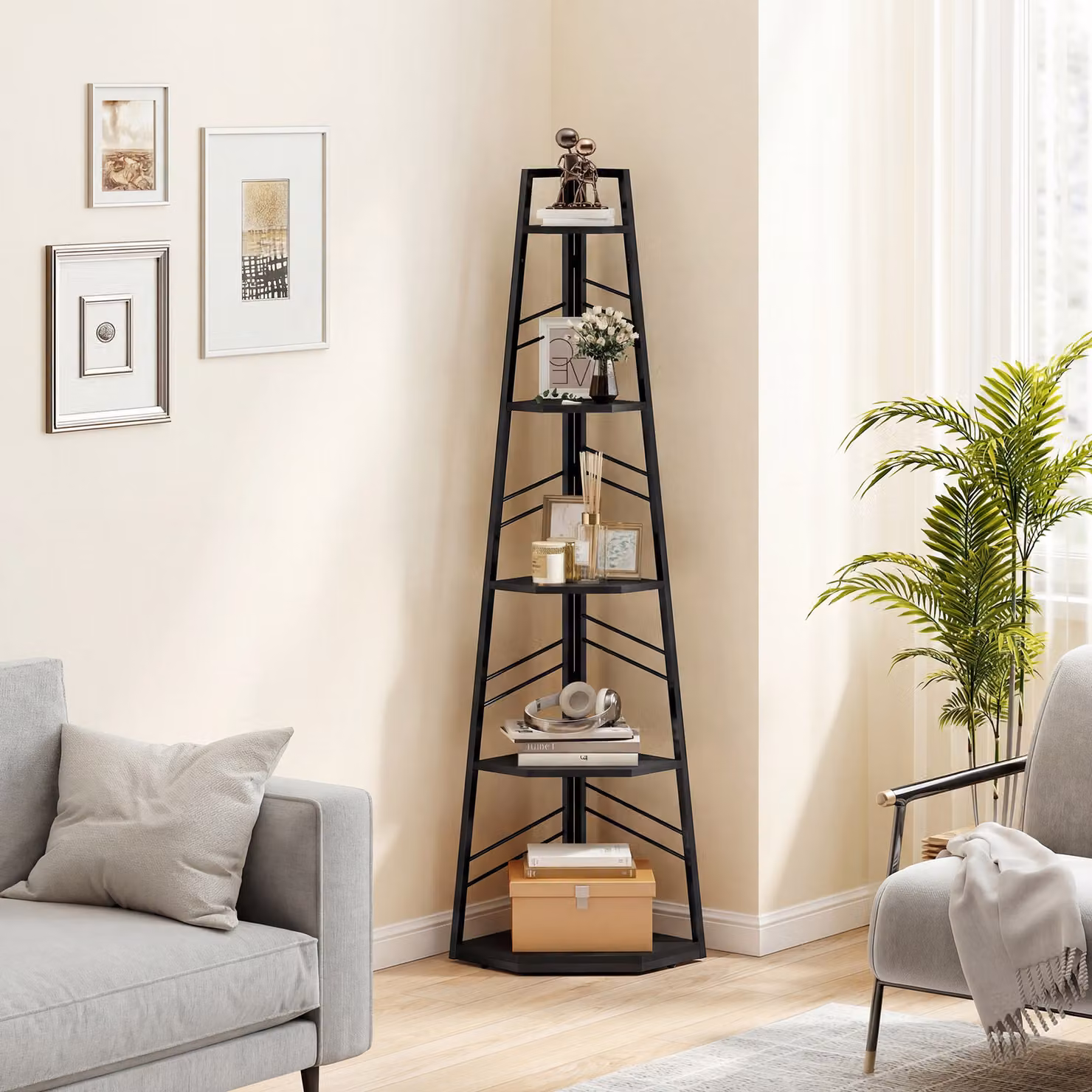 HOMCOM 5-Tier Corner Bookcase, Modern Freestanding Metal Shelving Unit in Black – 2