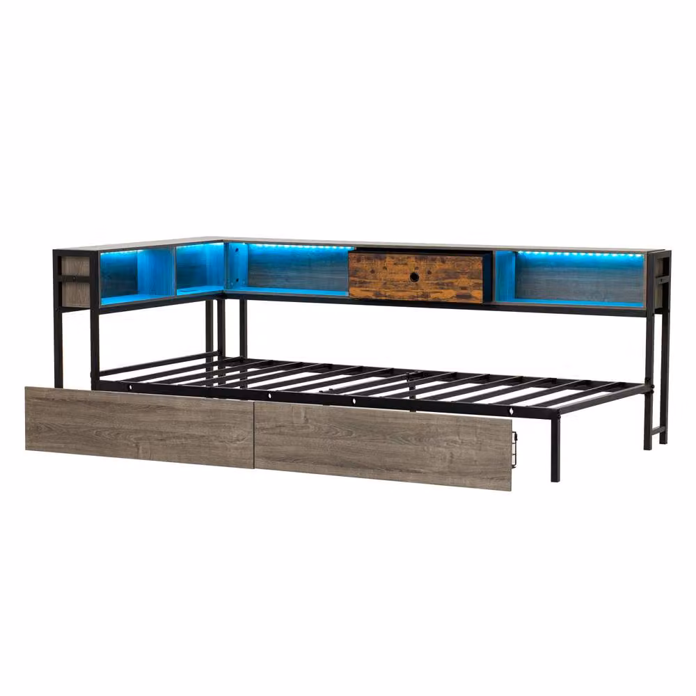 STILVORA 3ft Single Bed Frame with Storage and Headboard in Grey and Rustic Brown, W: 90 cm, L: 190 cm – 6