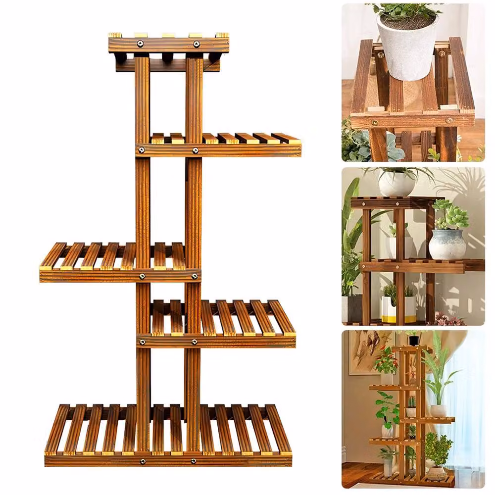 Nordara 5-Tier Wooden Plant Shelf Rack in Natural Brown, W: 100 cm, D: 80 cm, H: 80 cm – 4